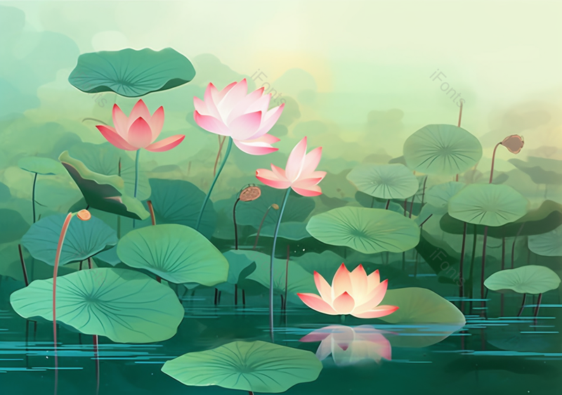 绿色大片荷叶中荷花倒影,插画/手绘图,插画/手绘图库,插画/手绘图下载,插画/手绘